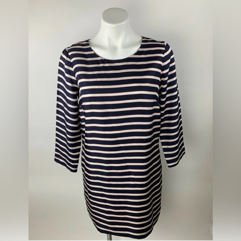J. Crew Navy, Red, and White Striped 3/4 Length Sleeve SILK Dress